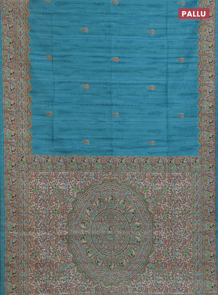 Semi tussar saree teal green and beige with butta prints and madhubani printed pallu & border