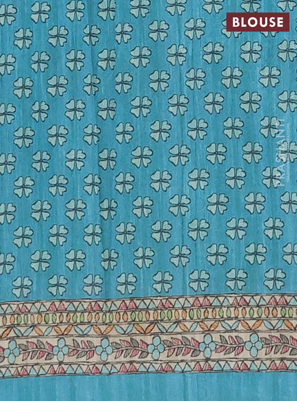 Semi tussar saree teal green and beige with butta prints and madhubani printed pallu & border