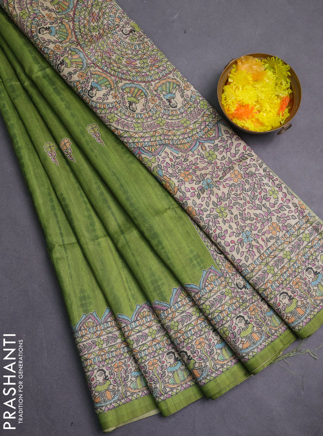 Semi tussar saree light green and beige with butta prints and madhubani printed pallu & border