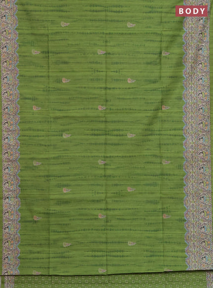 Semi tussar saree light green and beige with butta prints and madhubani printed pallu & border