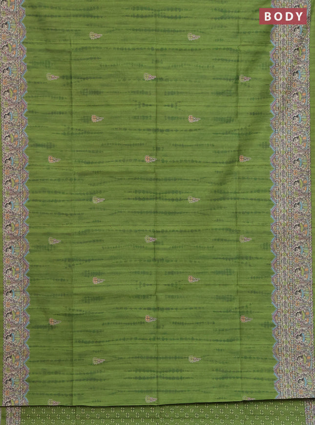 Semi tussar saree light green and beige with butta prints and madhubani printed pallu & border