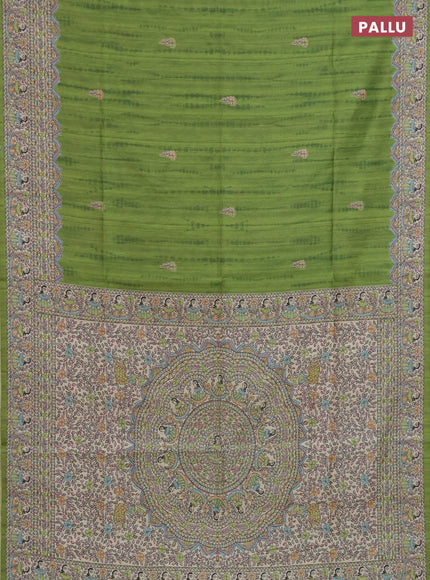 Semi tussar saree light green and beige with butta prints and madhubani printed pallu & border