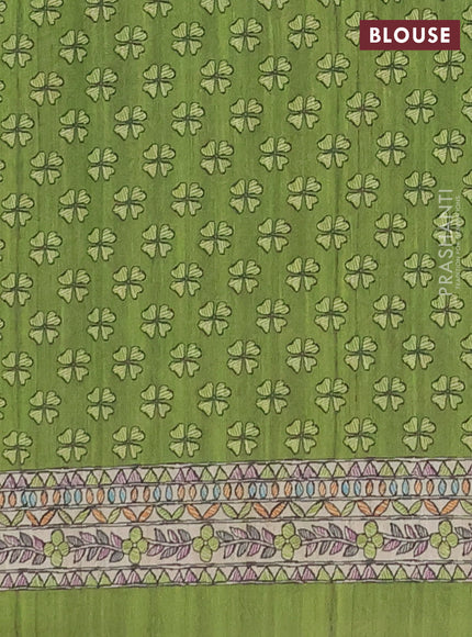 Semi tussar saree light green and beige with butta prints and madhubani printed pallu & border