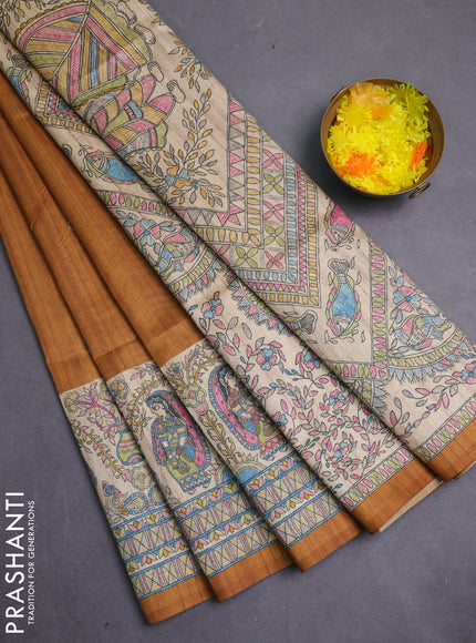 Semi tussar saree dark mustard and cream with paisley butta prints and madhubani printed pallu & border