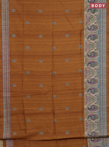 Semi tussar saree dark mustard and cream with paisley butta prints and madhubani printed pallu & border