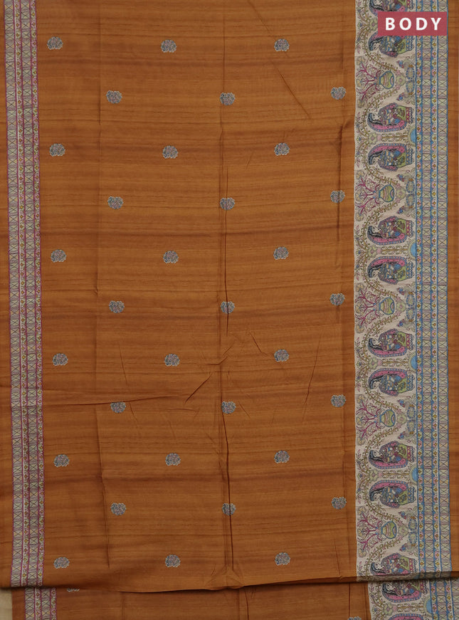 Semi tussar saree dark mustard and cream with paisley butta prints and madhubani printed pallu & border