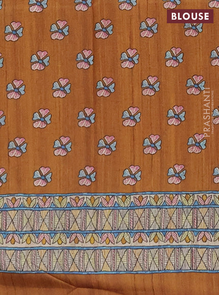Semi tussar saree dark mustard and cream with paisley butta prints and madhubani printed pallu & border