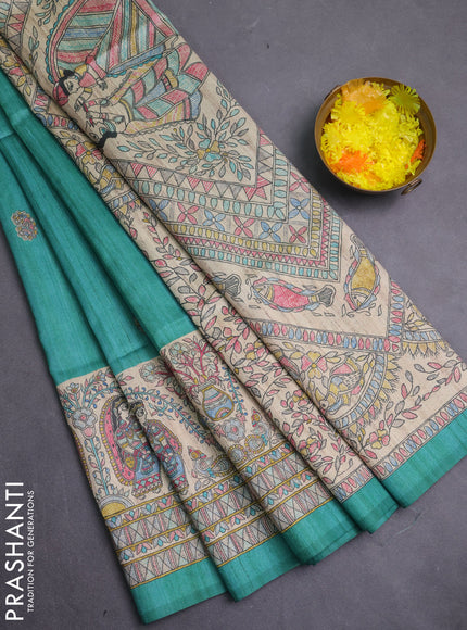Semi tussar saree green and cream with paisley butta prints and madhubani printed pallu & border