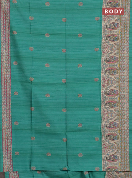 Semi tussar saree green and cream with paisley butta prints and madhubani printed pallu & border