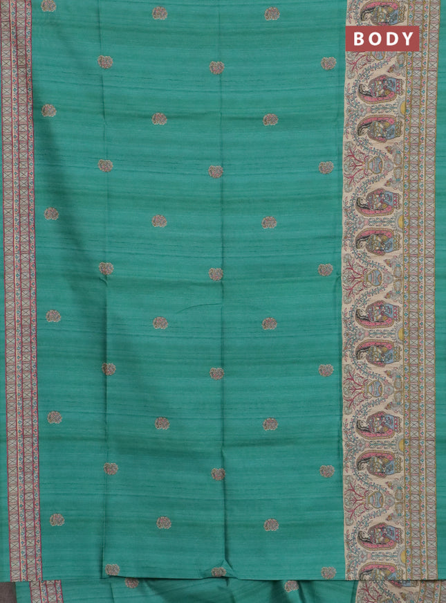 Semi tussar saree green and cream with paisley butta prints and madhubani printed pallu & border