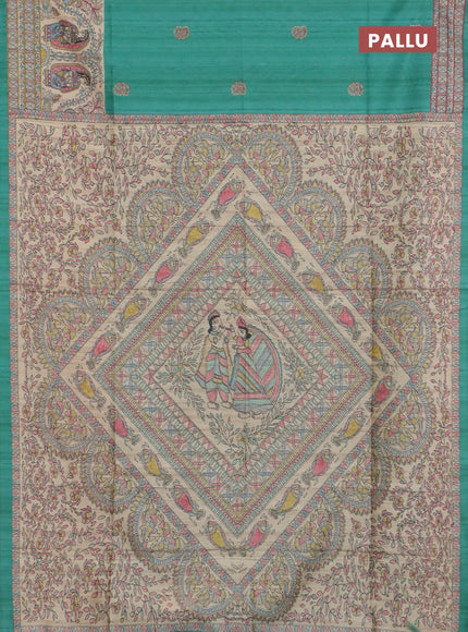 Semi tussar saree green and cream with paisley butta prints and madhubani printed pallu & border