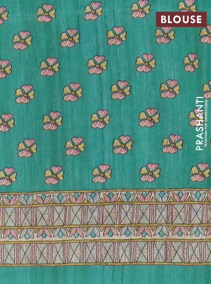 Semi tussar saree green and cream with paisley butta prints and madhubani printed pallu & border