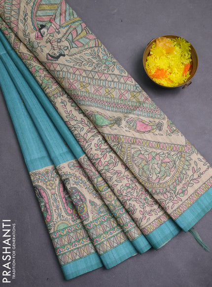 Semi tussar saree teal green and cream with paisley butta prints and madhubani printed pallu & border