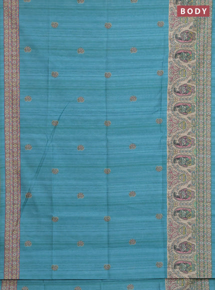 Semi tussar saree teal green and cream with paisley butta prints and madhubani printed pallu & border