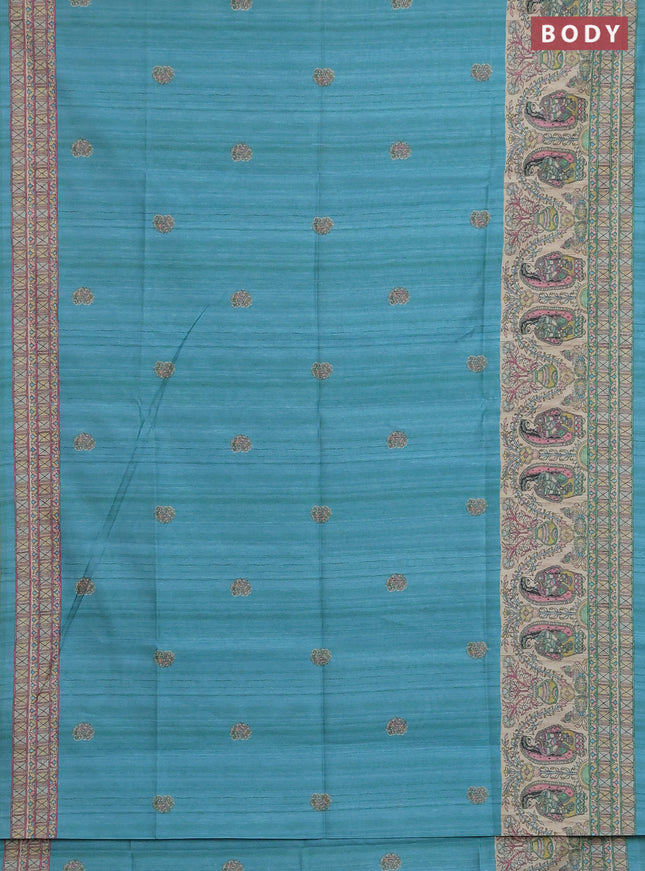 Semi tussar saree teal green and cream with paisley butta prints and madhubani printed pallu & border