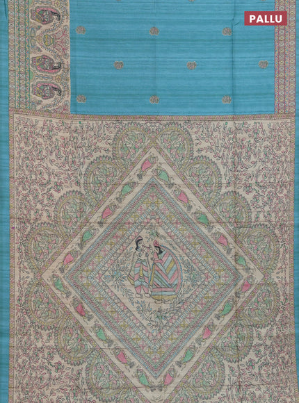 Semi tussar saree teal green and cream with paisley butta prints and madhubani printed pallu & border
