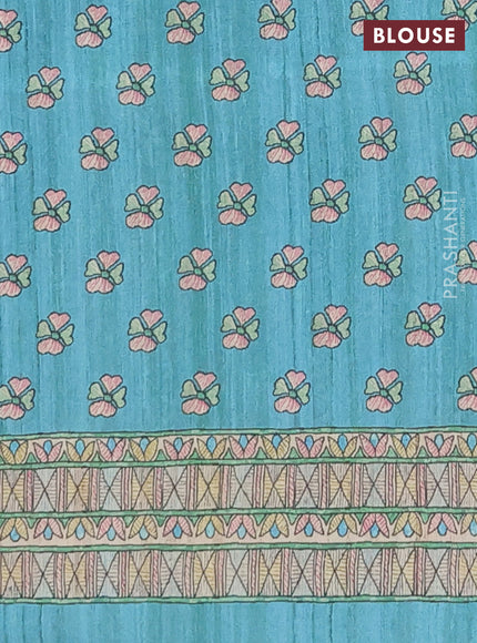 Semi tussar saree teal green and cream with paisley butta prints and madhubani printed pallu & border