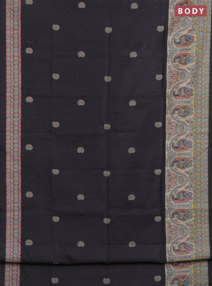 Semi tussar saree black and cream with paisley butta prints and madhubani printed pallu & border