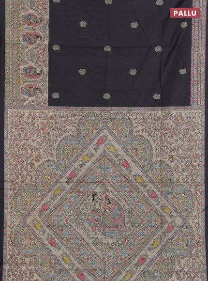 Semi tussar saree black and cream with paisley butta prints and madhubani printed pallu & border