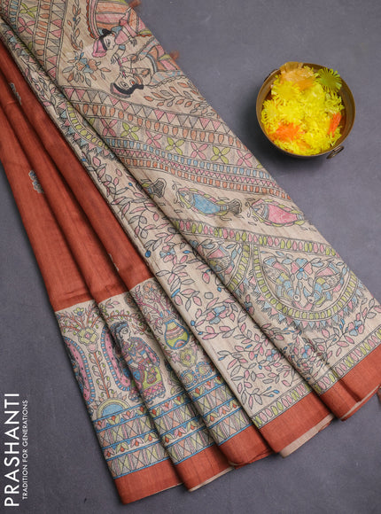 Semi tussar saree brown and cream with paisley butta prints and madhubani printed pallu & border