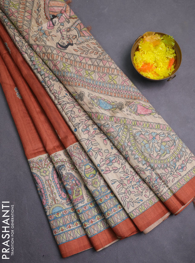 Semi tussar saree brown and cream with paisley butta prints and madhubani printed pallu & border