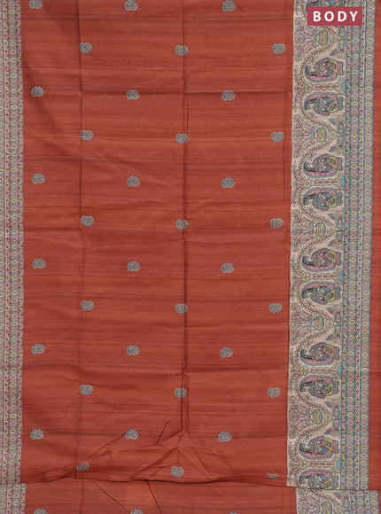 Semi tussar saree brown and cream with paisley butta prints and madhubani printed pallu & border