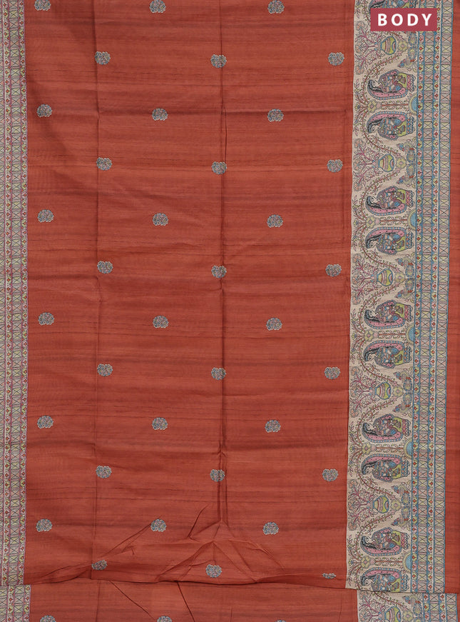 Semi tussar saree brown and cream with paisley butta prints and madhubani printed pallu & border