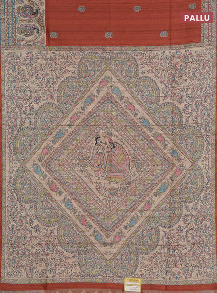 Semi tussar saree brown and cream with paisley butta prints and madhubani printed pallu & border