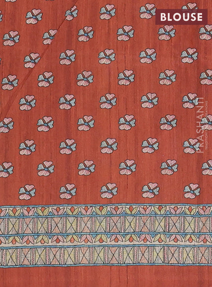Semi tussar saree brown and cream with paisley butta prints and madhubani printed pallu & border