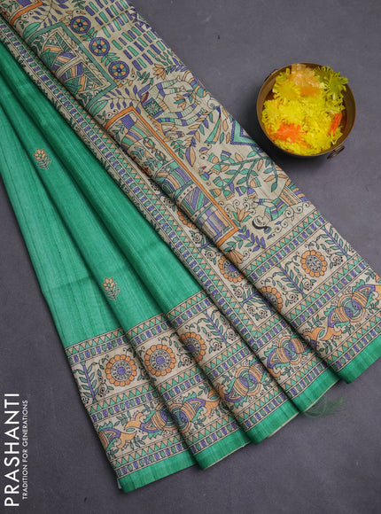 Semi tussar saree green and beige with butta prints and madhubani printed pallu & border