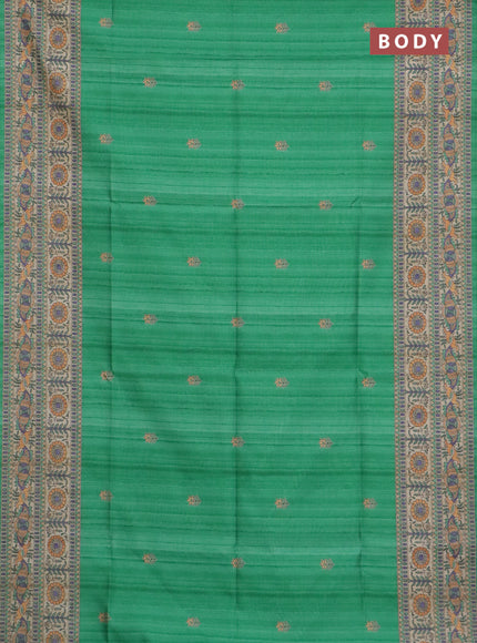 Semi tussar saree green and beige with butta prints and madhubani printed pallu & border
