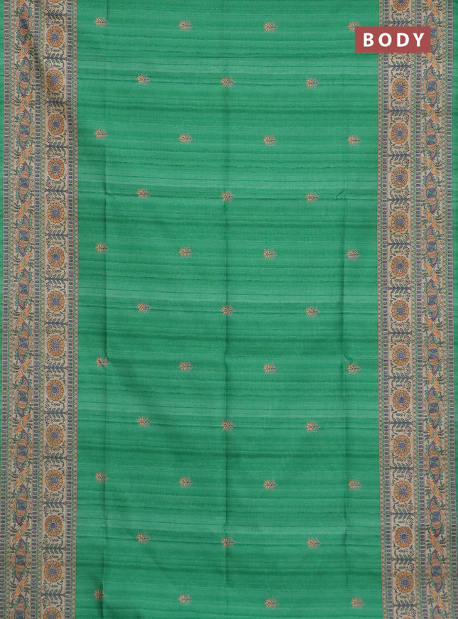 Semi tussar saree green and beige with butta prints and madhubani printed pallu & border