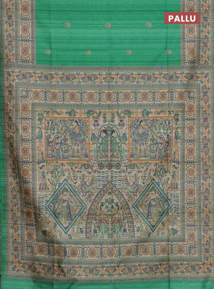 Semi tussar saree green and beige with butta prints and madhubani printed pallu & border