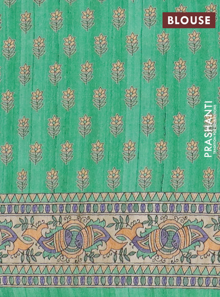 Semi tussar saree green and beige with butta prints and madhubani printed pallu & border