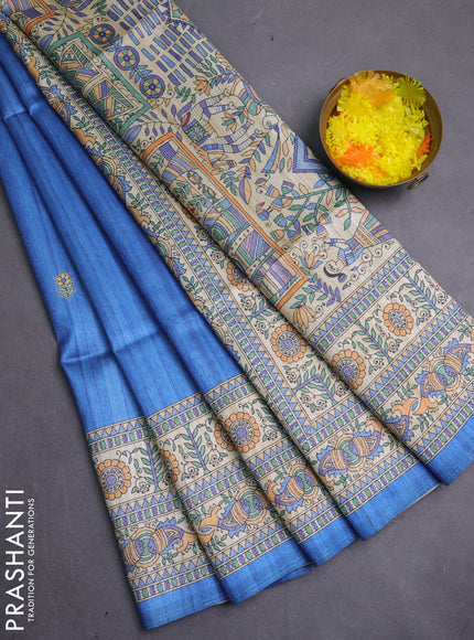 Semi tussar saree blue and beige with butta prints and madhubani printed pallu & border