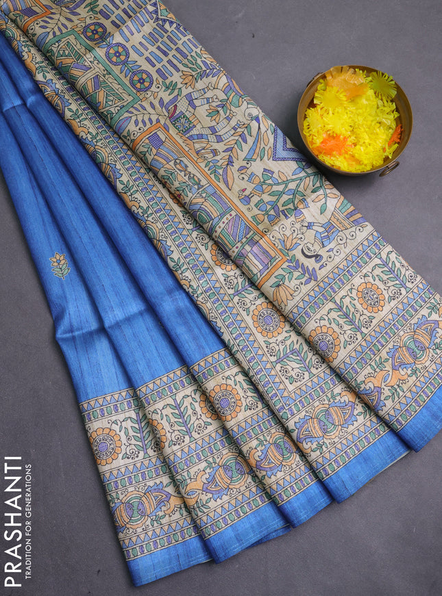 Semi tussar saree blue and beige with butta prints and madhubani printed pallu & border
