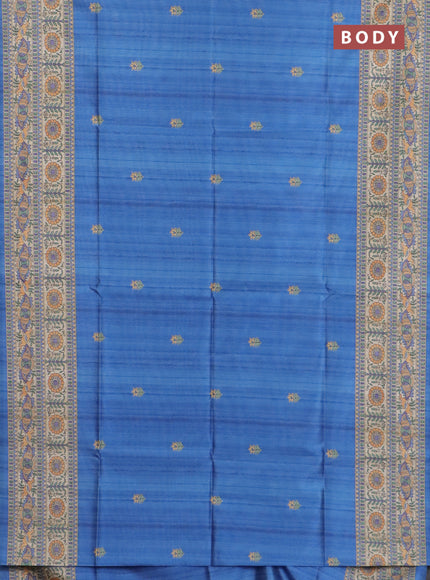Semi tussar saree blue and beige with butta prints and madhubani printed pallu & border