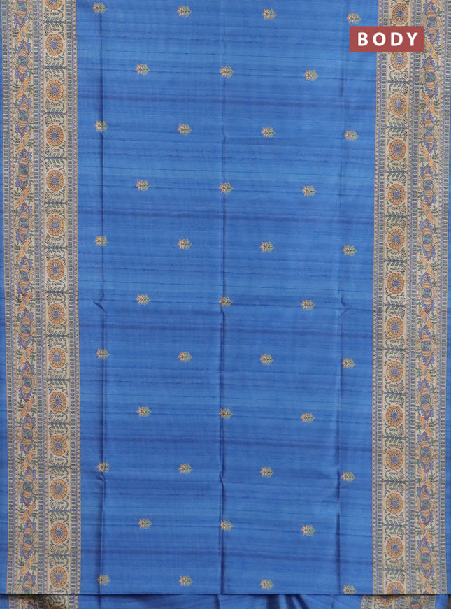 Semi tussar saree blue and beige with butta prints and madhubani printed pallu & border