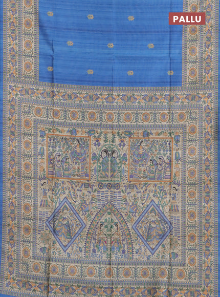 Semi tussar saree blue and beige with butta prints and madhubani printed pallu & border