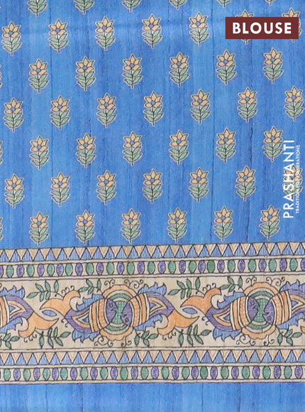 Semi tussar saree blue and beige with butta prints and madhubani printed pallu & border