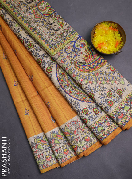 Semi tussar saree mustard yellow and beige with allover butta prints and madhubani printed pallu & border