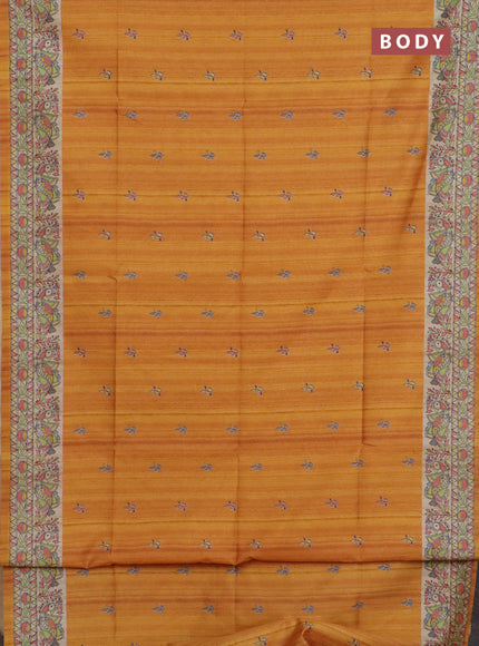 Semi tussar saree mustard yellow and beige with allover butta prints and madhubani printed pallu & border