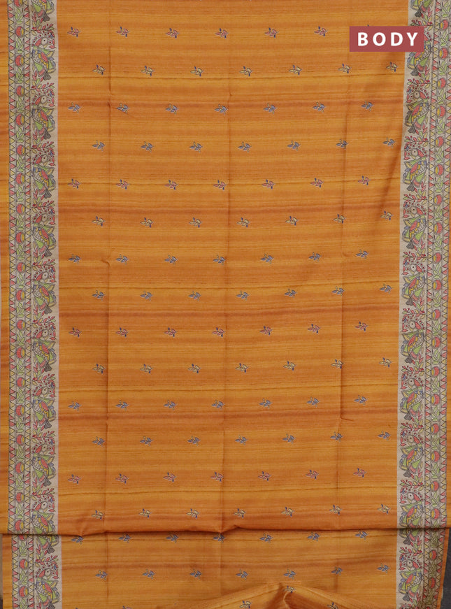 Semi tussar saree mustard yellow and beige with allover butta prints and madhubani printed pallu & border