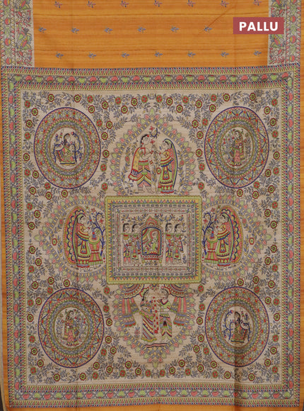Semi tussar saree mustard yellow and beige with allover butta prints and madhubani printed pallu & border