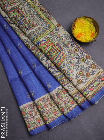 Semi tussar saree blue and beige with allover butta prints and madhubani printed pallu & border