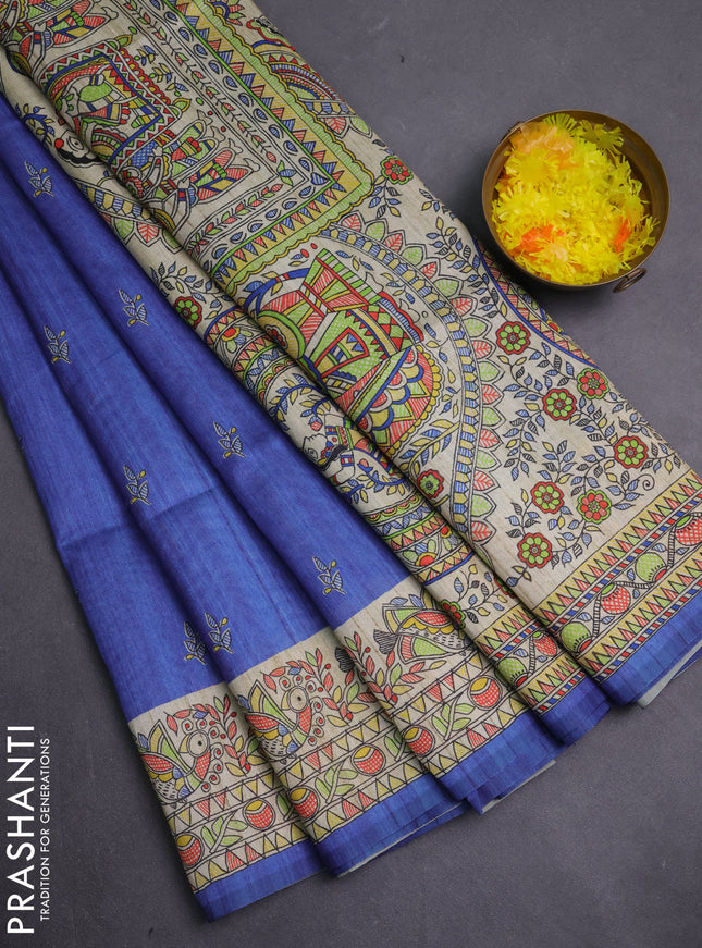 Semi tussar saree blue and beige with allover butta prints and madhubani printed pallu & border