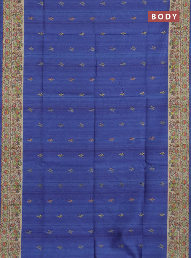 Semi tussar saree blue and beige with allover butta prints and madhubani printed pallu & border