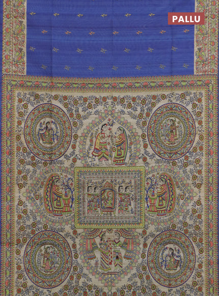 Semi tussar saree blue and beige with allover butta prints and madhubani printed pallu & border