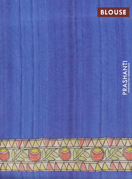 Semi tussar saree blue and beige with allover butta prints and madhubani printed pallu & border