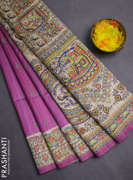 Semi tussar saree purple and beige with allover butta prints and madhubani printed pallu & border